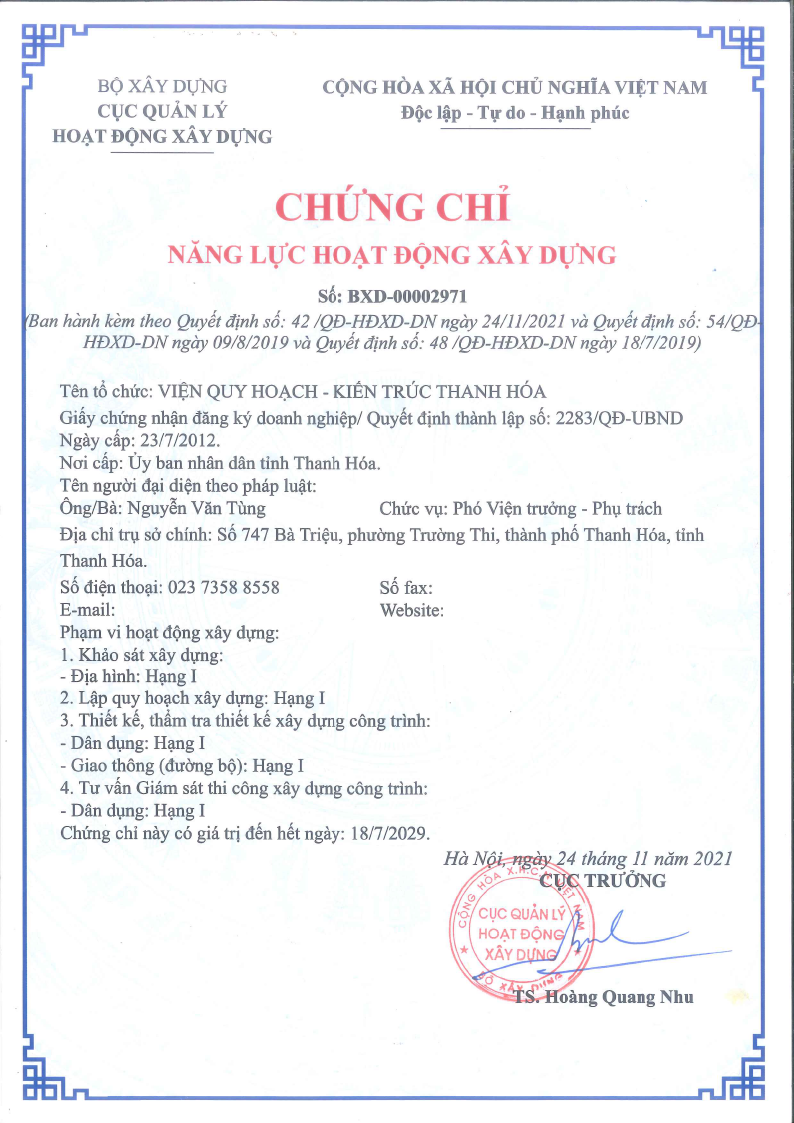 Chứng chỉ năng lực hoạt động xây dựng. Phạm vi hoạt động: Lập quy hoạch xây dựng : Hạng I.